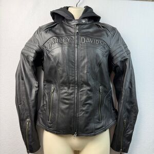Harley Davidson Women’s Black Leather Motorcycle Jacket XS Hooded